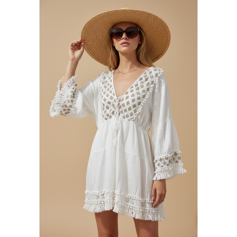 Shiva White Embroidered Boho‎ Mini Dress One Size Swim Beach Coverup